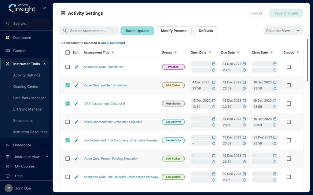 Oxford Insight Activity Settings