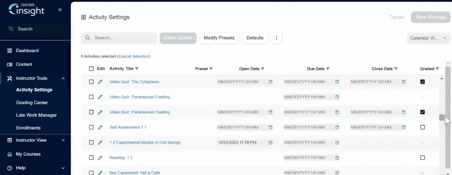 GIF of the Activity Settings, scrolling through and checking various activities to be graded