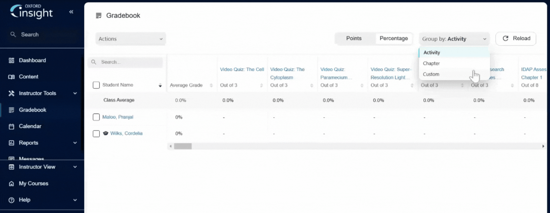 GIF showing how to group gradebook entries by custom column using the Action tab