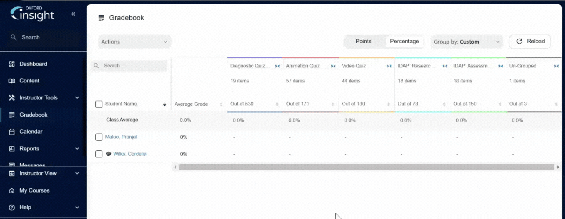 GIF showing the gradebook downloaded as a CSV using Action tab and a student being unrolled