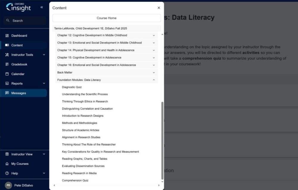Screenshot of Oxford Insight showing Data Literacy Module table of contents