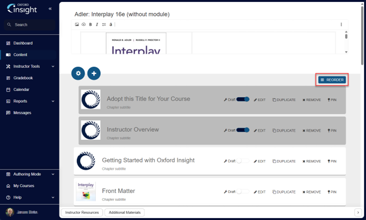 Screenshot of Oxford Insight with red box around reorder table of contents button