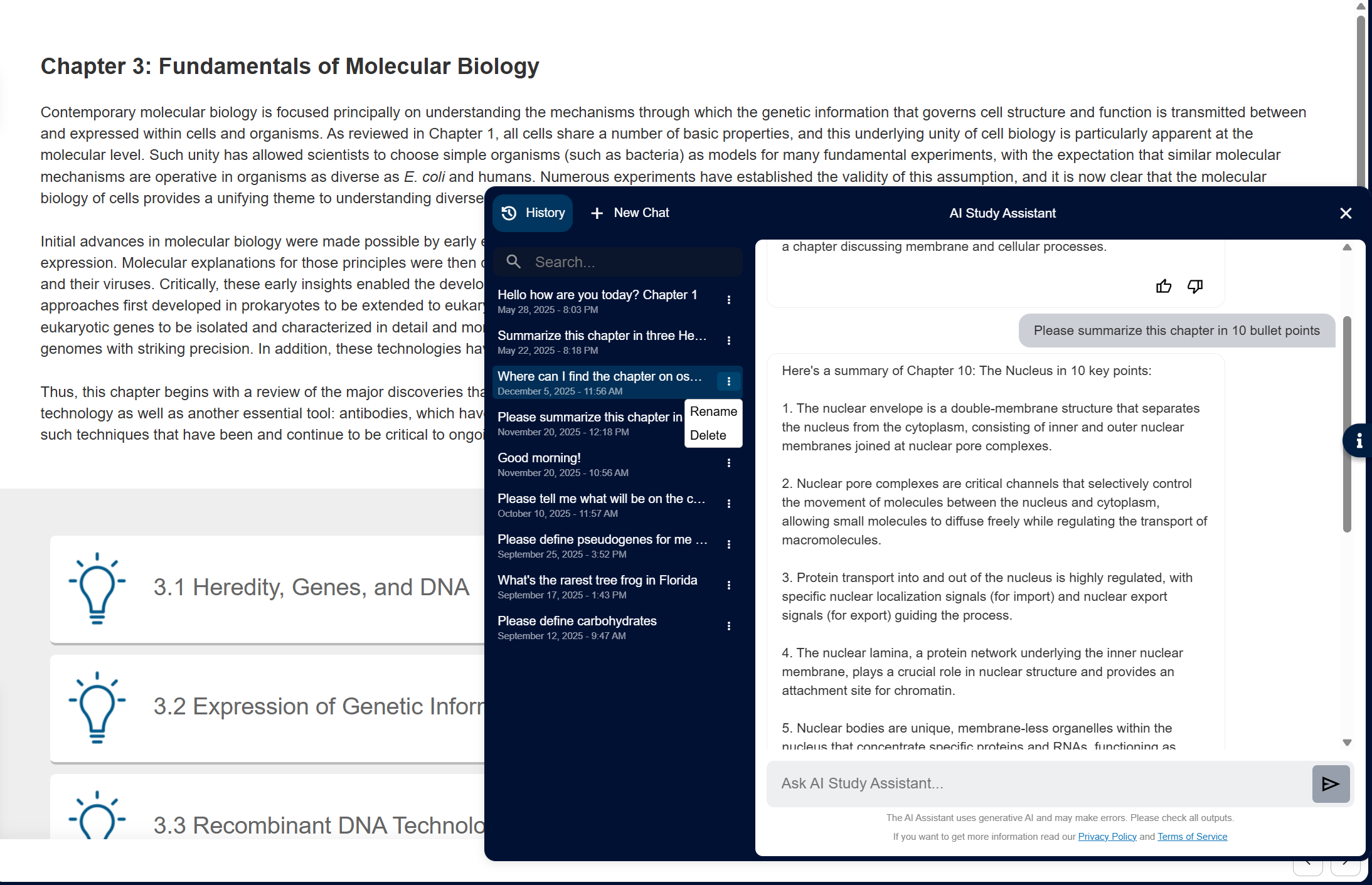 Screenshot of Oxford Insight showing the AI Study Assistant interface with the chat History area opened on the left