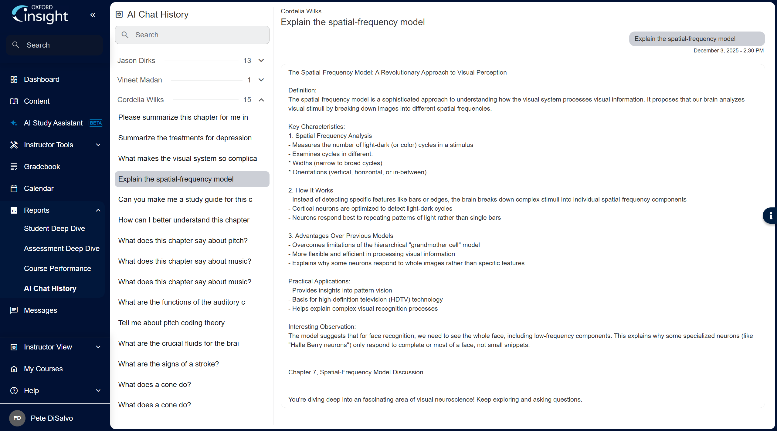 Screenshot of Oxford Insight AI Chat History report for instructors