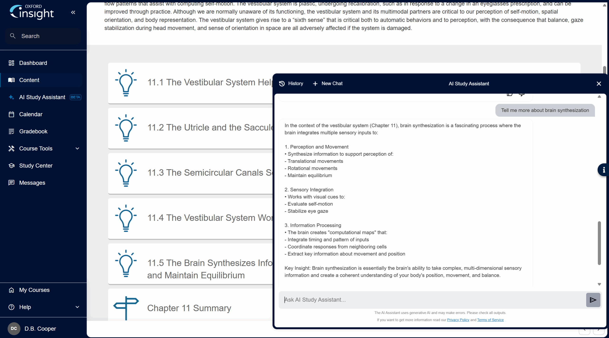 Screenshot of the Oxford Insight AI Study Assistant answering a prompt from a student and referencing the specific chapter of the course title